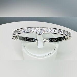 Elegant 18K White Gold & Sterling Silver Bangle Bracelet with Simulated Accents